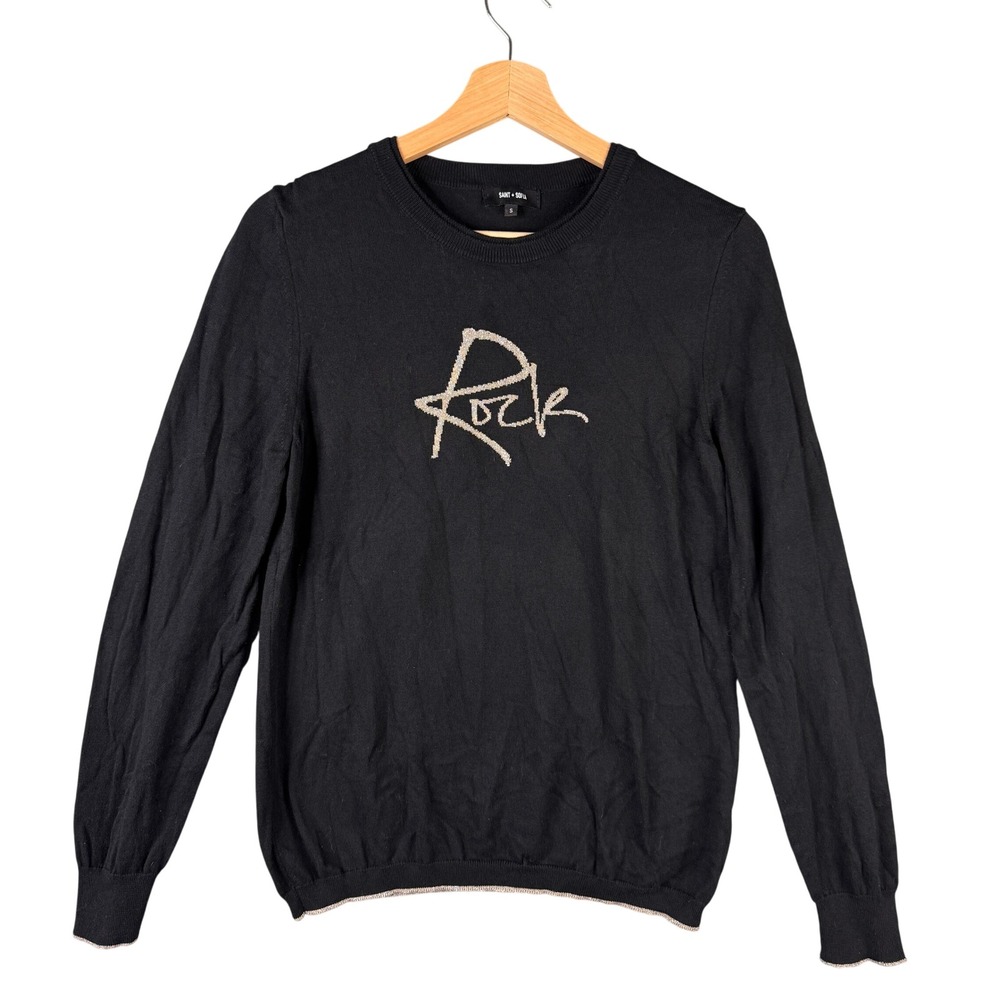 Saint + Sofia Rock Sweater Black Organic Cotton Metallic Trim Graphic Knit Small